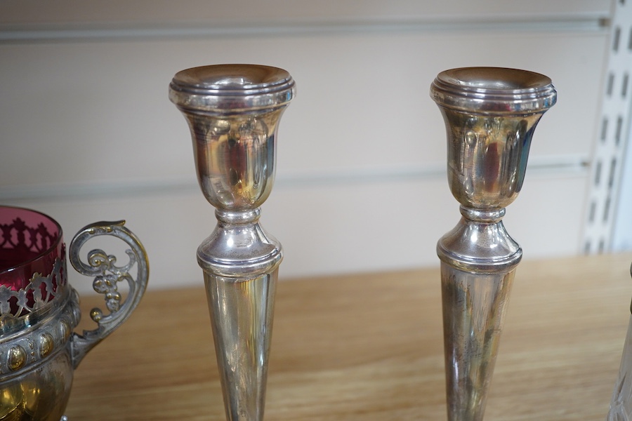 Various glass and silver mounted items including a pair of candlesticks, salt spoons, a jug, silver mounted decanter, etc. Condition - fair